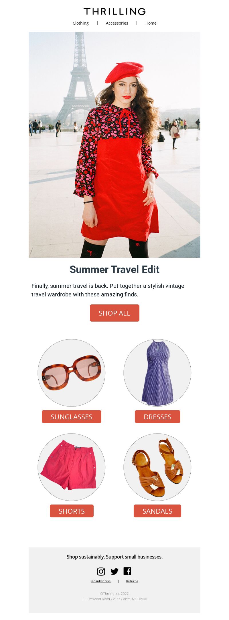 image of an email. The header image is a white woman wearing vintage clothing in front of the Eiffel Tower and a headline that says Summer Travel Edit. There are also 4 circle images calling out specific categories.