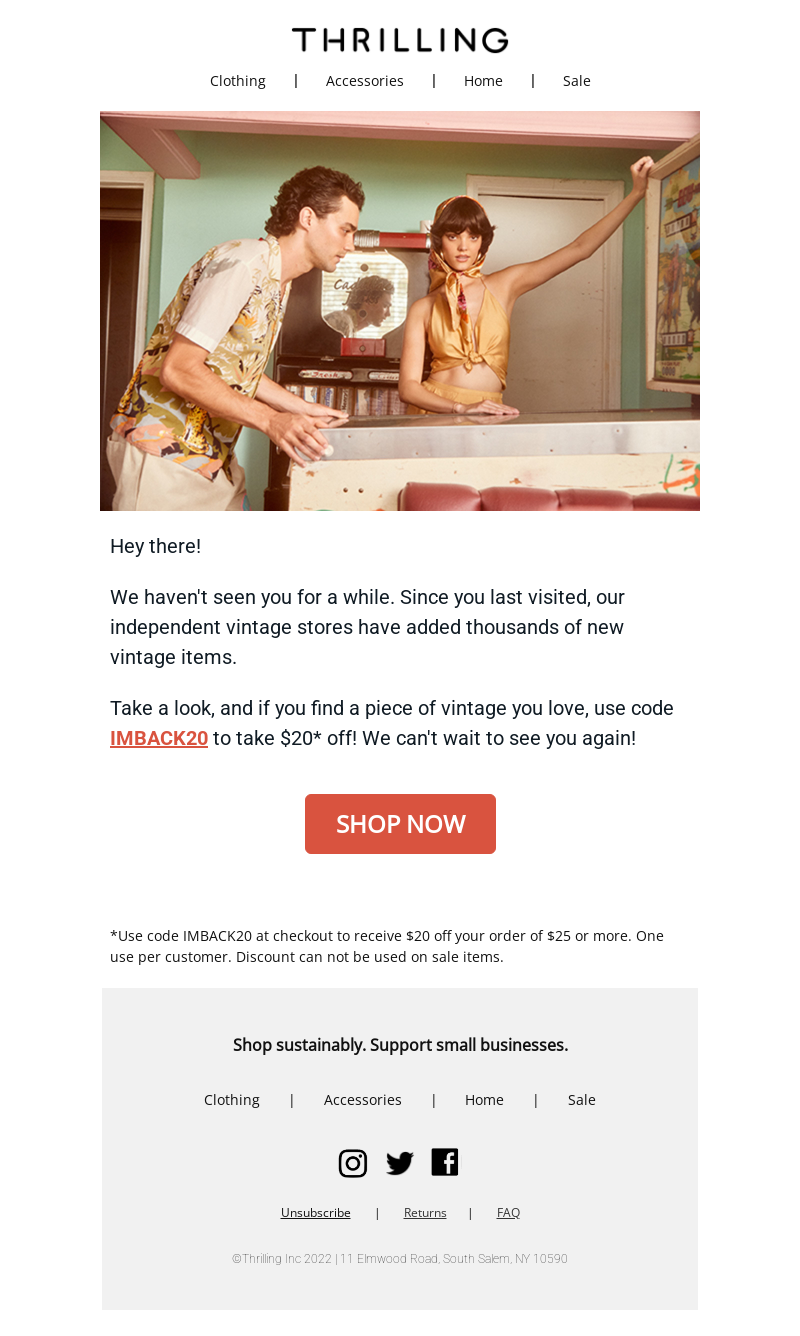 An image of a winback email featuring an image with a vintagey-vibe: two people playing pinball in a diner.